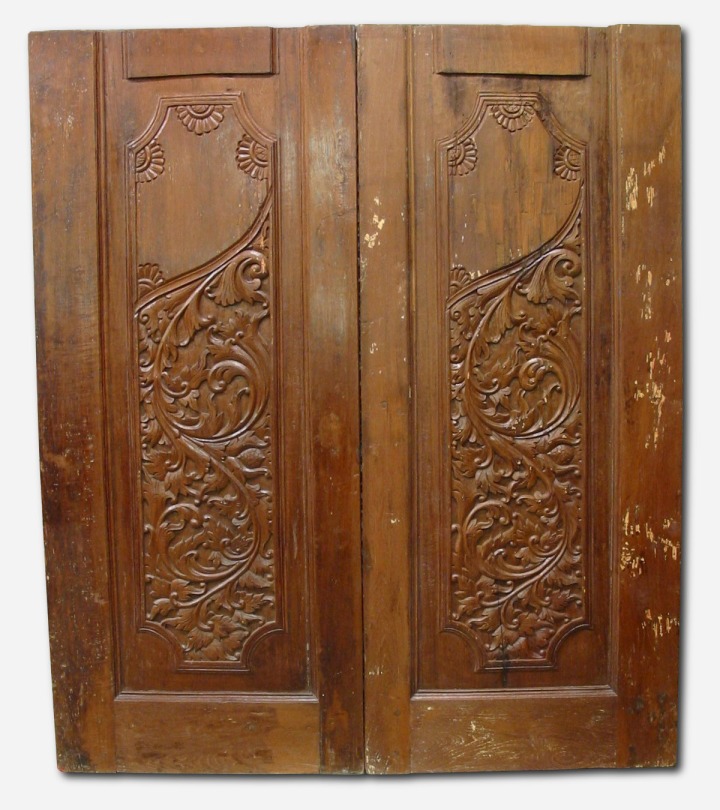 Antique Teak Doors w/ Newly Carved Raised Relief Panels (35"W x 83"H x 1.25"Th)